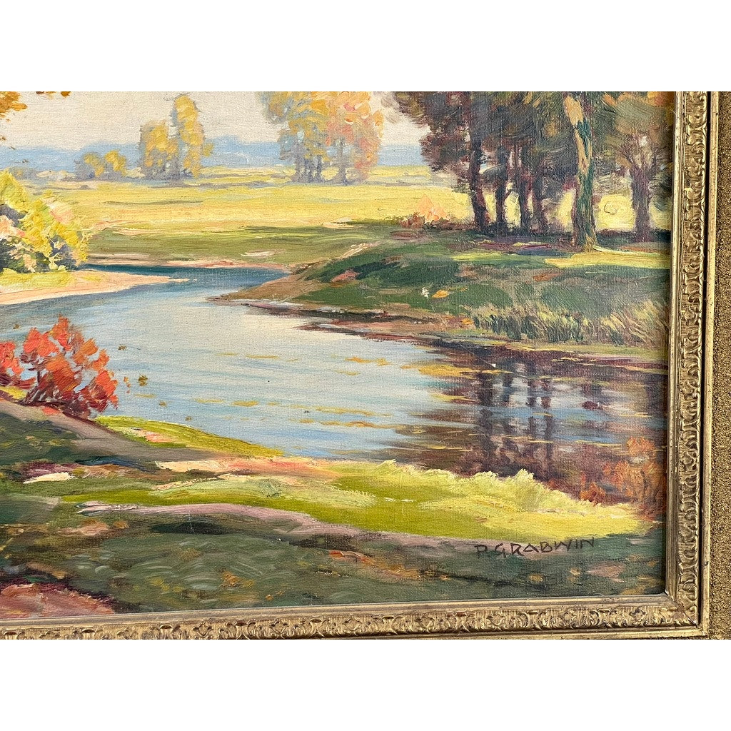 Antique oil on canvas impressionist painting, “Path by a Stream,” signed P. Grabwin (early 20th c.), features a tranquil stream with lush greenery and sunlight reflections. Artist’s signature appears in the lower right corner.