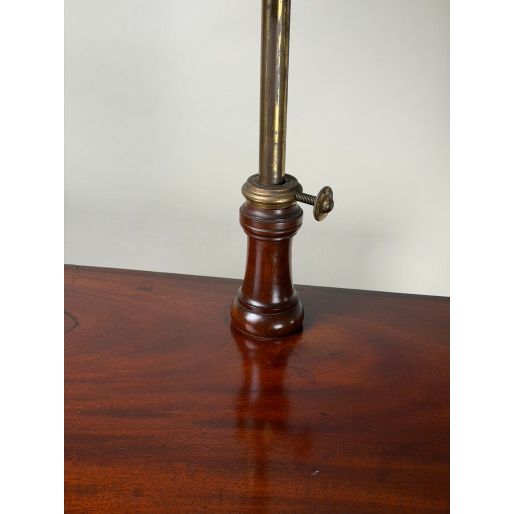 Antique English Mahogany Inlaid Shaving Stand with Adjustable Mirror featuring a dark wood base with a metal height-adjustment knob and a stem extending upward.