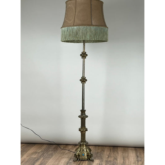 Antique Gothic Revival Brass Floor Lamp with Jeweled Base c. Early 20th Century
