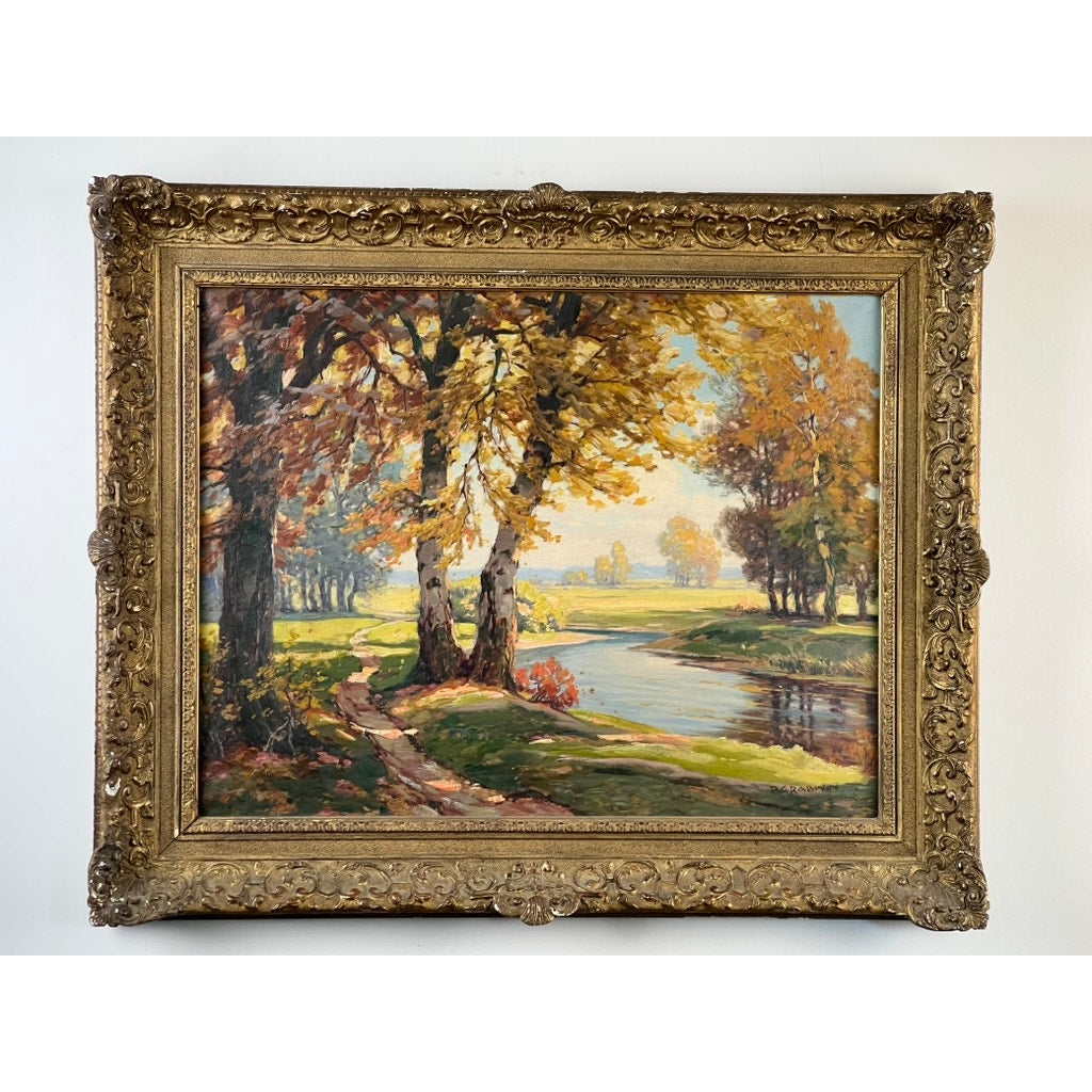 An antique oil on canvas, “Path by a Stream,” signed by P. Grabwin (early 20th century), features an impressionist autumn landscape with trees, a winding path, and river reflections in an ornate gold frame. Brand unknown.