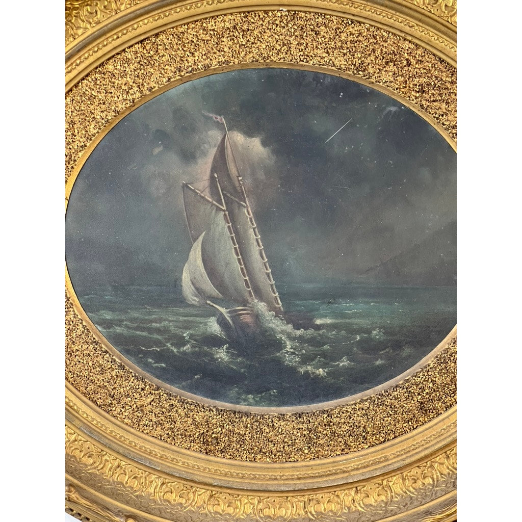 Antique Oval “Storm Tossed Ship” Oil on Board Painting, late 19th century, depicts a maritime ship braving rough, dark waves under a stormy night sky with clouds and a shooting star. Brand: Unknown.