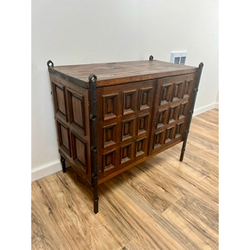 Vintage Spanish Brutalist Cabinet in Stained Pine and Iron