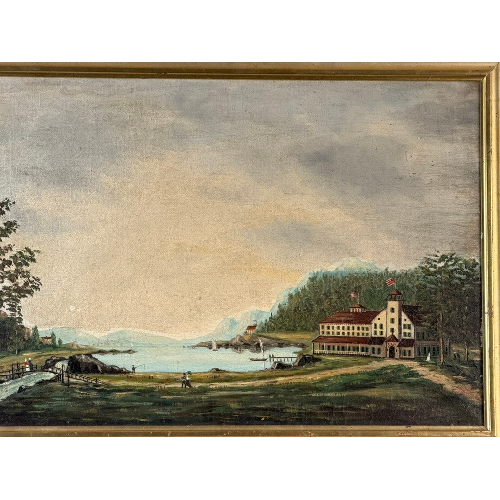 Experience the timeless charm of the 19th Century American Folk Art Adirondack or New England Resort Hotel Oil Painting from Pearl City Antiques, featuring a peaceful lakeside scene with a grand resort building, people strolling by the water, lush trees, rolling hills in the background, and a cloudy sky—beautifully capturing the serenity and character of classic American resort landscapes.