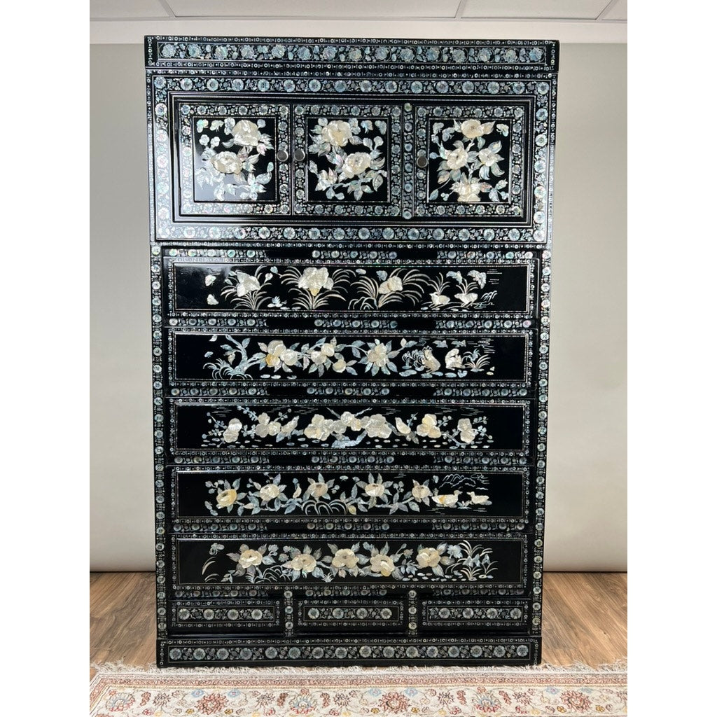 Vintage Korean Black Lacquer and Abalone Shell Inlaid Chest