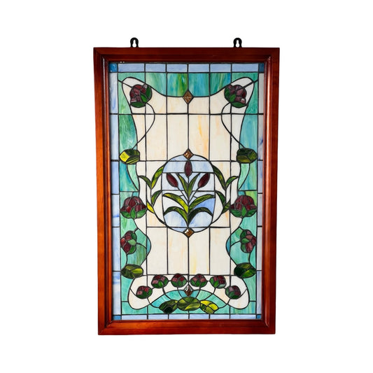 The Vintage Stained Glass Wall Hanging 32x20 features a rectangular panel with a wooden frame, green leaves and red flowers on white, blue, and green glass, and two hooks at the top for hanging. Brand: None/Unknown.