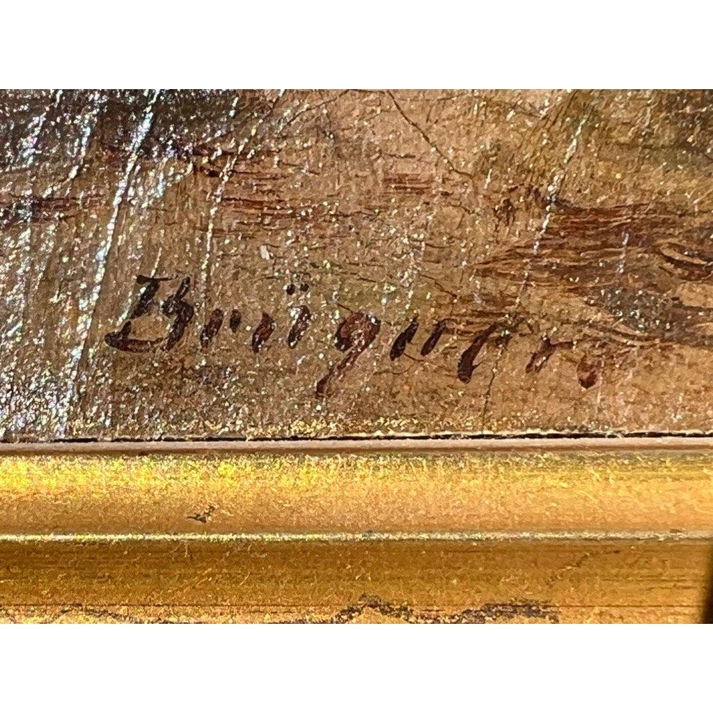 Detail of the signature “Brüguer” on a textured brown-gold background with gold frame, from an Antique Continental School Oil on Canvas Landscape with Windmill, circa 1880-1910.