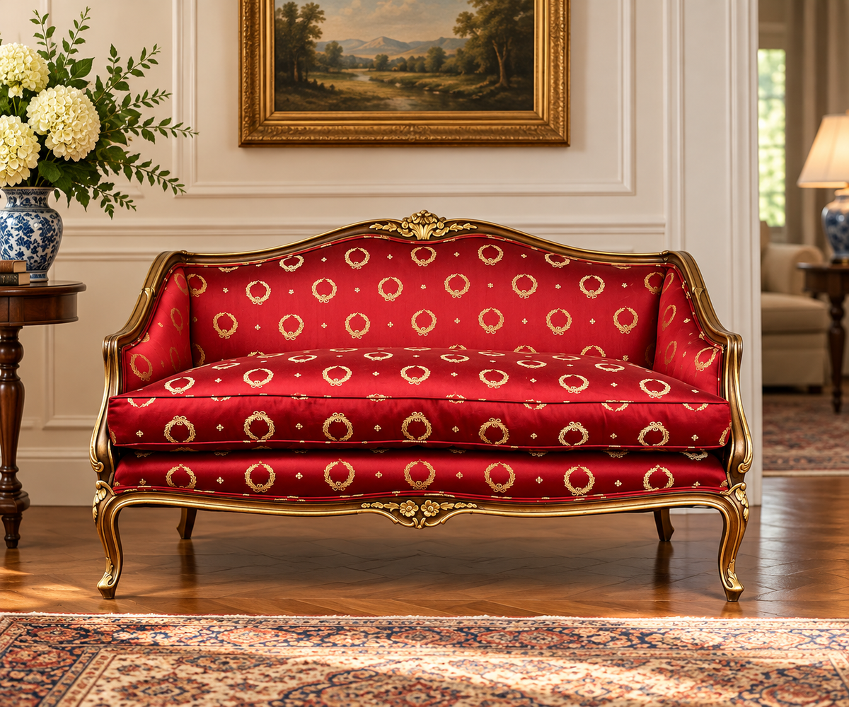 Vintage French Regency Style Custom Upholstered Settee in red with gold laurel wreath patterns, featuring an ornate giltwood frame and cabriole legs.