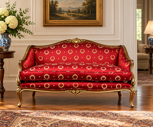 Vintage French Regency Style Custom Upholstered Settee in red with gold laurel wreath patterns, featuring an ornate giltwood frame and cabriole legs.