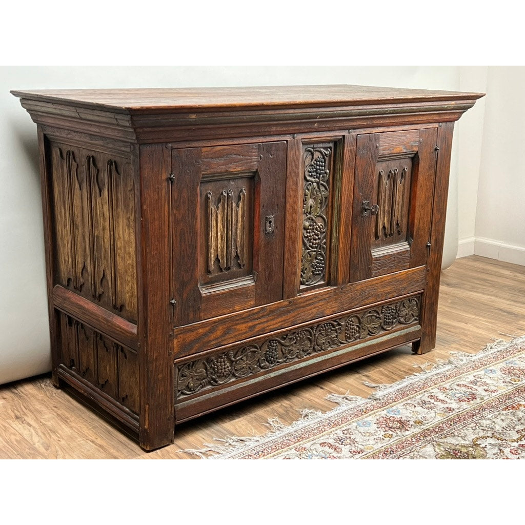 Antique English Oak Court Cabinet with Linen Fold Carved Panels from St. Joseph’s Abby