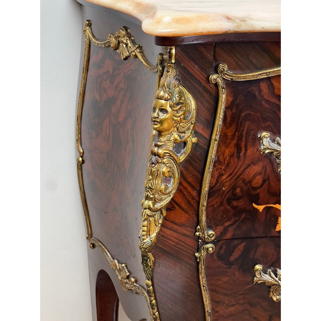 Vintage Louis XV Style Ormolu Mounted Rosewood and Pink Marble Commode