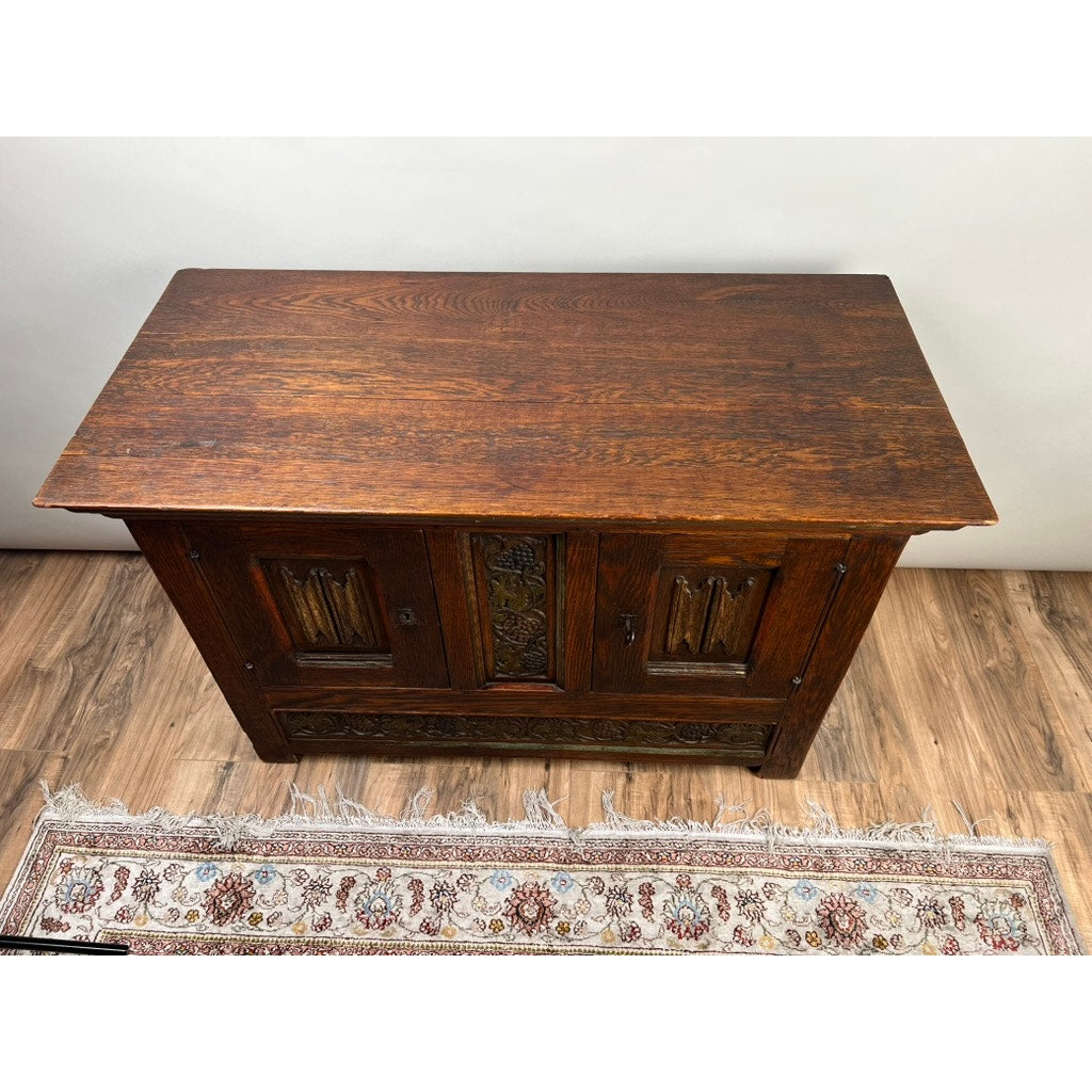 Antique English Oak Court Cabinet with Linen Fold Carved Panels from St. Joseph’s Abby