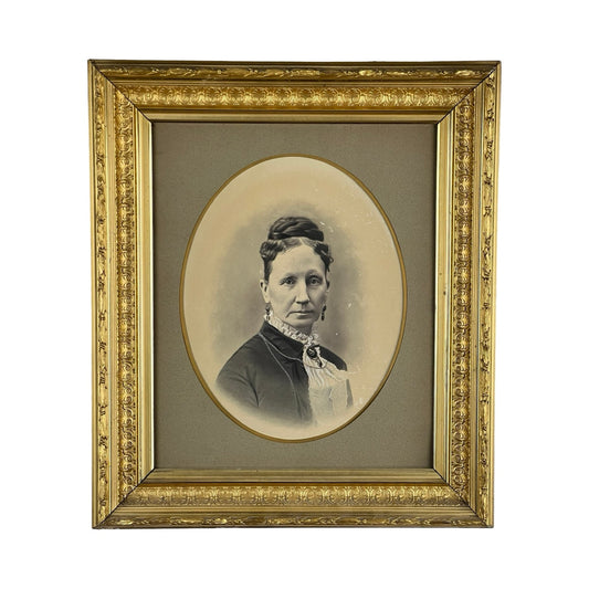 Antique Civil War Era Portrait of a Woman in a gilt wood frame featuring floral detailing, showing her from the shoulders up in 19th-century attire. Brand: Unknown.