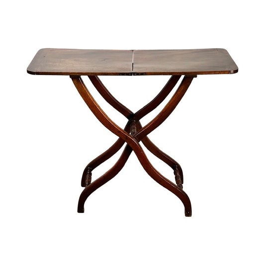 Antique English Regency Mahogany Folding Coaching or Sporting Table (c. 1825–1845) with a rectangular top and crossed, curved legs, shown against a white background. Brand unknown.