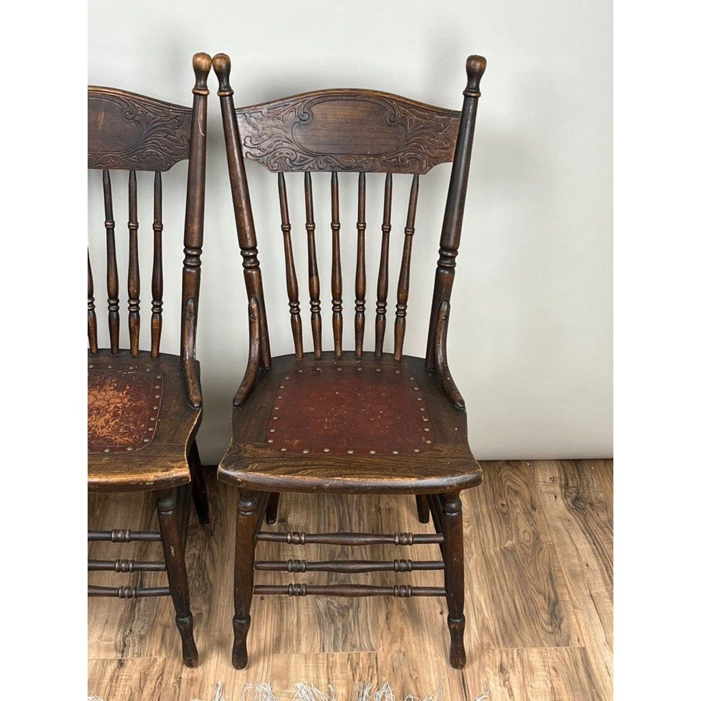 Antique Set of Four Press Back Chestnut Dining Chairs c. 1900