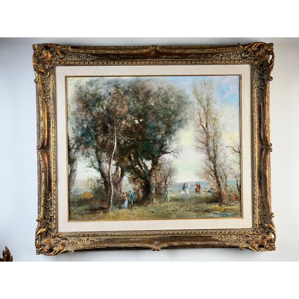 The Vintage Guy Cambier Belgian Romantic Landscape Oil Painting (c. 1960–1980) depicts horsemen among tall trees and human figures on a grassy landscape beneath a cloudy sky, evoking a serene outdoor scene.