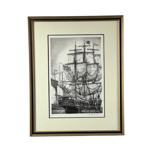 Framed Etching “Whaling Ship Charles W. Morgan New Bedford”, by Alan Jay Gaines