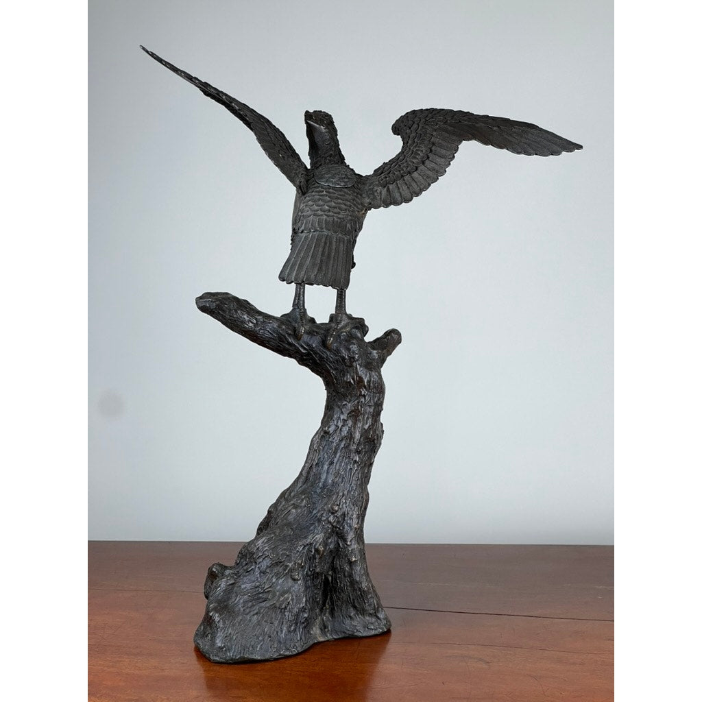 Japanese Meiji bronze hawk sculpture with outstretched wings, one wing slightly loose