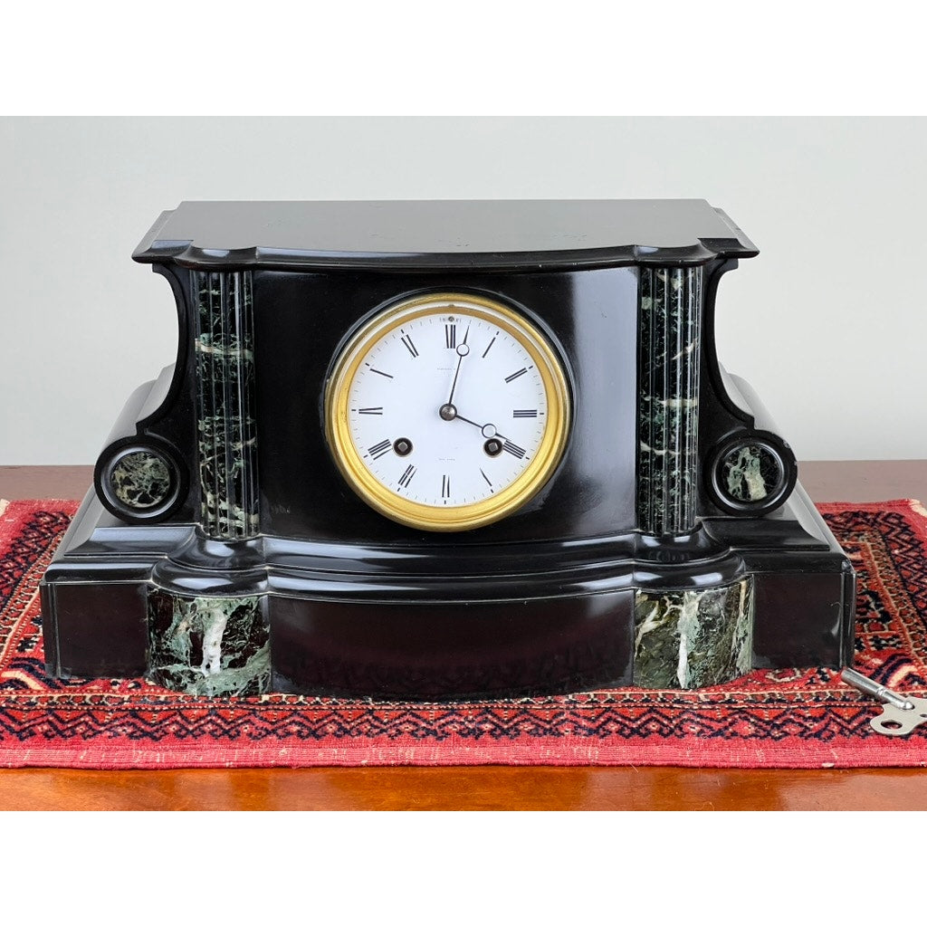 Antique Tiffany & Co. Carved Slate and Marble Mantle Clock Time and Strike c. Early 1900s