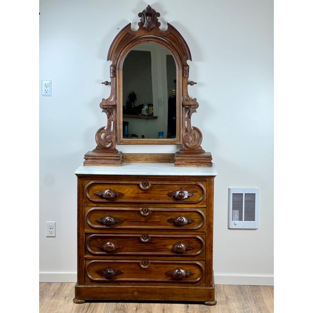 Antique Victorian Chestnut Four Drawer Marble Top Dresser c. 1900