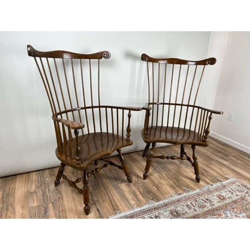 Pair of Stickley cherry Windsor chairs with tall spindle backs and scrolled crests