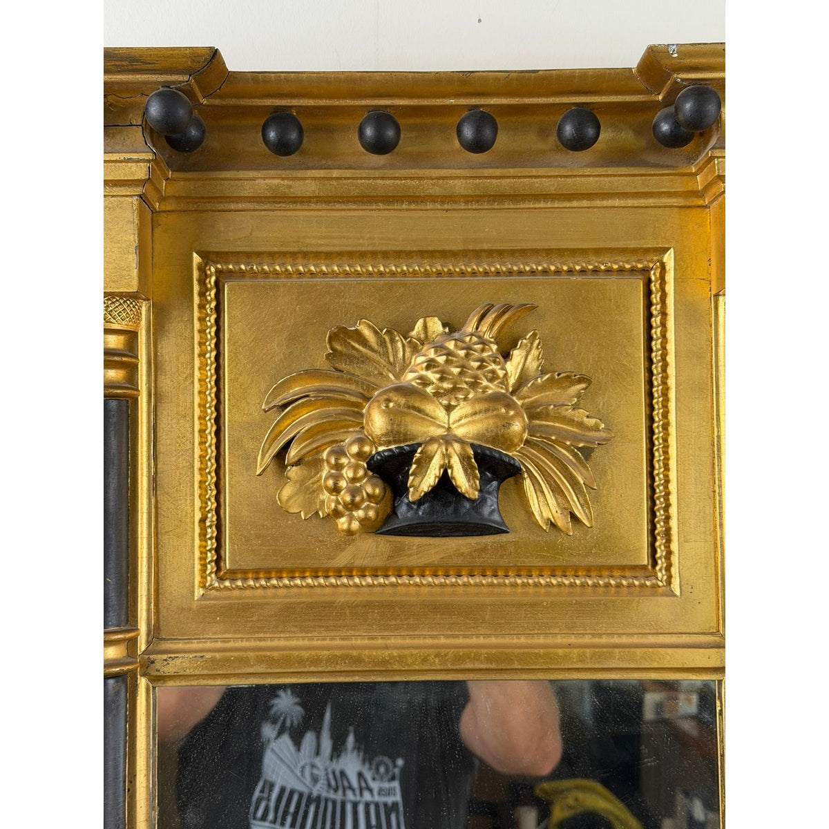 Massachusetts Federal Giltwood & Ebonized Pier Mirror with Fruit Basket, c.1820