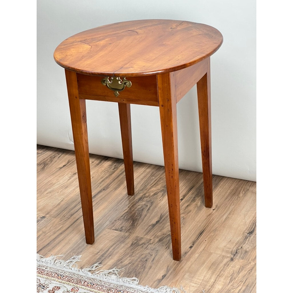 Antique 18th Century Cherry Hepplewhite One Drawer End Table with Figured Cherry Oval Top