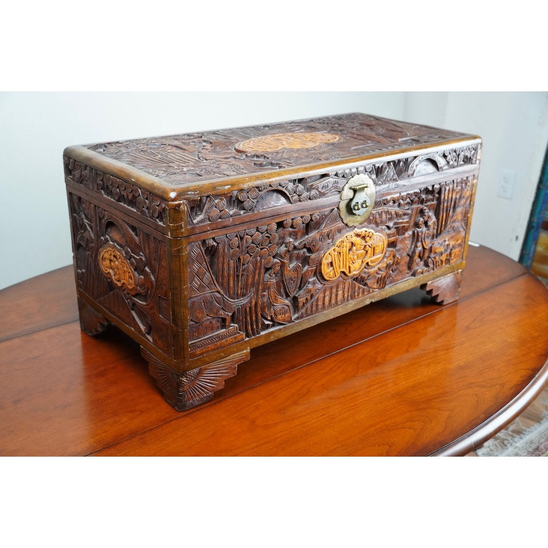 Antique Asian Carved Camphor Wood Storage Box