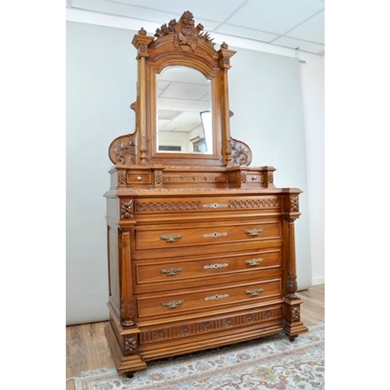 Antique French Napoleon III Four Drawer Dresser with Mirror c. Late 19th Century