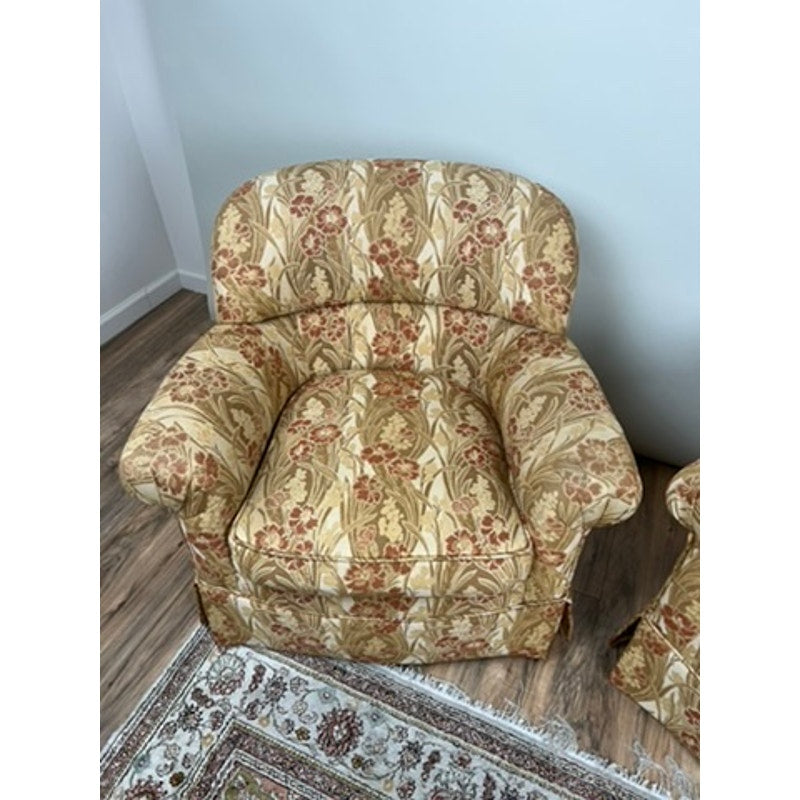 Custom upholstered vintage club chairs with floral patterned fabric