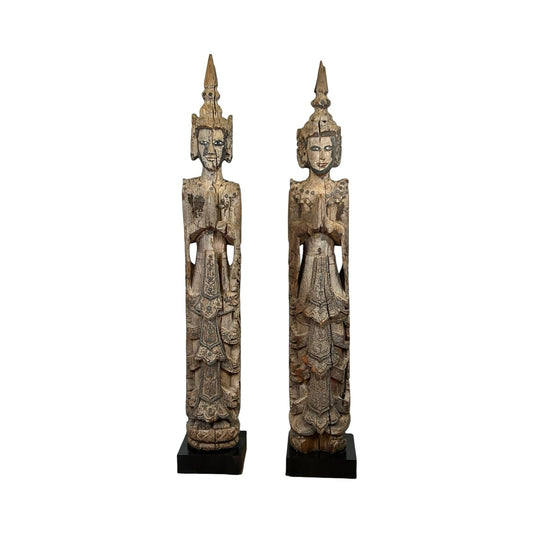 Antique Burmese Teak Monastic Attendants or Guardian Angels c. 19th Century