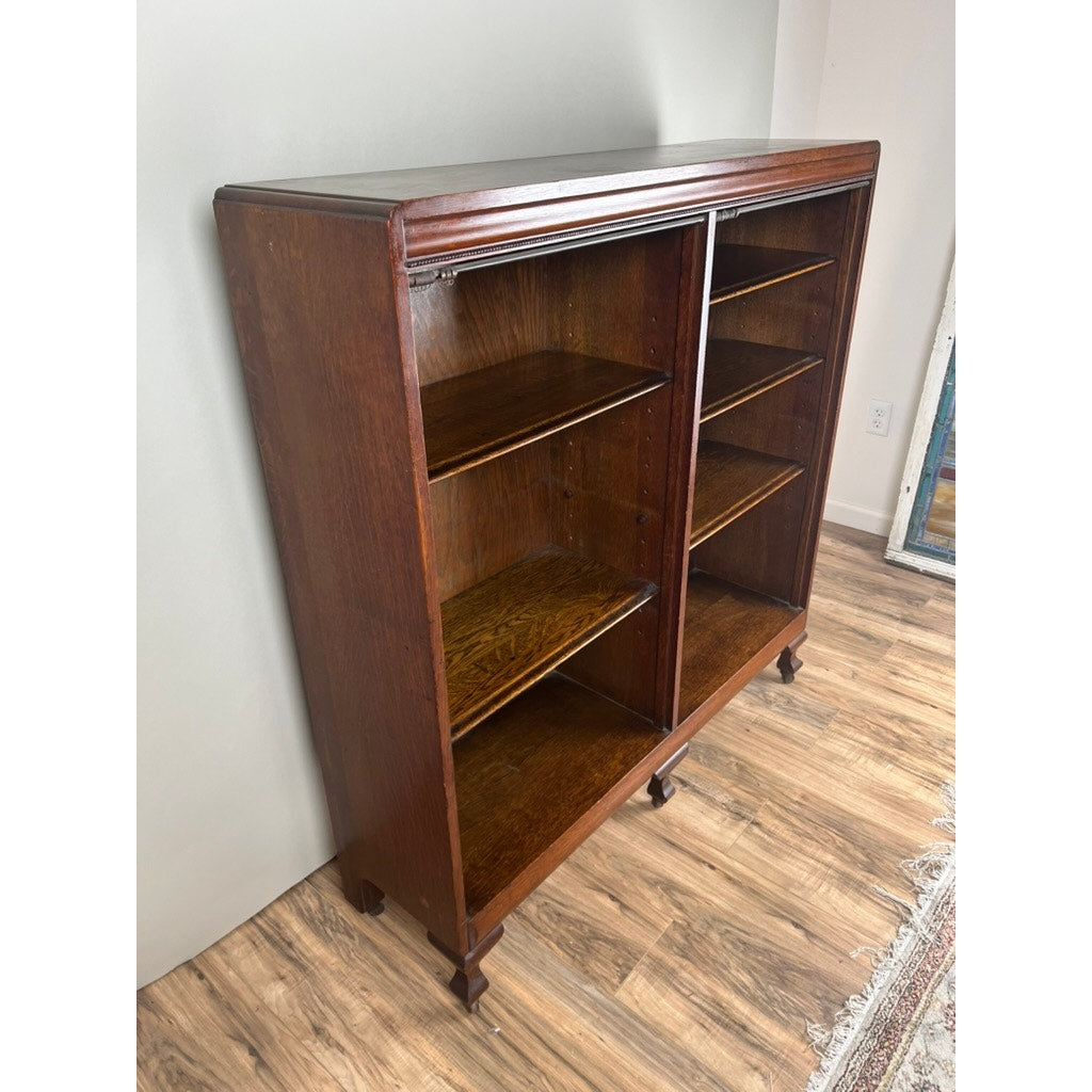 Antique Edwardian Oak Open Bookcase with Curtain Rods c. 1910