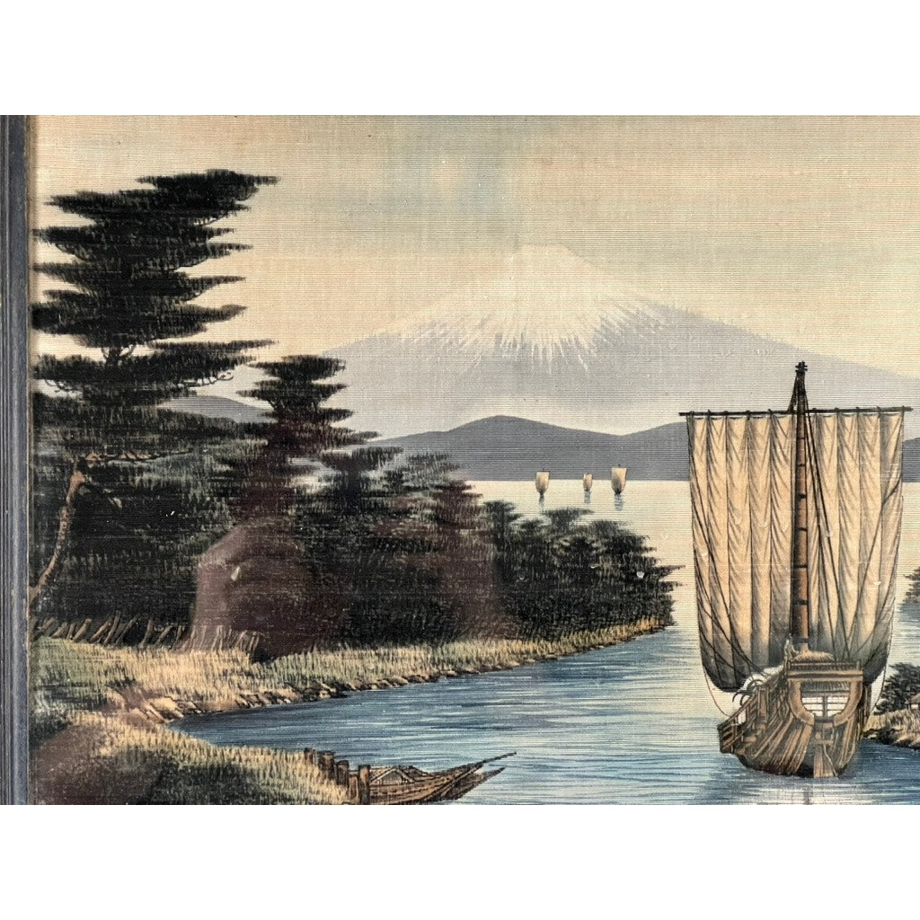 The Japanese Meiji Period Embroidered Painting, attributed to Nishimura Sozaemon of Kyoto, depicts a sailboat on a river, pine trees along the shore, and Mount Fuji under a clear sky with exquisite detail.