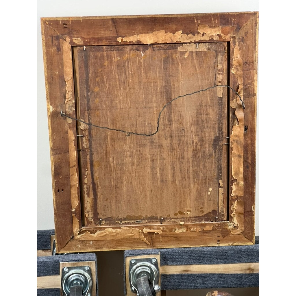 The image shows the back of an Antique Civil War Era Portrait of a Gentleman in a gilt wood frame, featuring worn wood, peeling edges, and a hanging wire. This 19th-century piece rests on a metal cart with wheels. Brand is unknown.