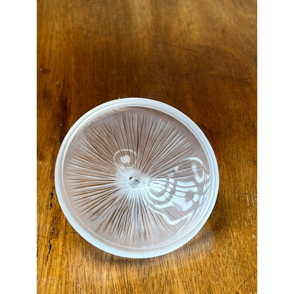 The Lalique Vintage Ballerina Frosted Crystal Covered Powder Box sits on a wooden surface, its textured round lid catching the light and reflecting curved highlights, reminiscent of classic Lalique craftsmanship.