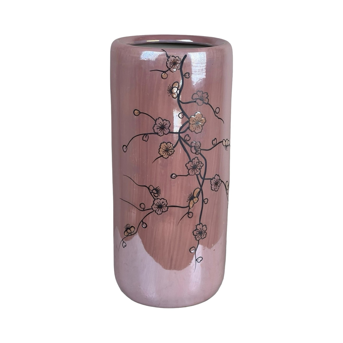 The Vintage Sakura Style Cherry Blossom Tall Vase is a glossy pink ceramic piece adorned with a delicate black branch and small gold and black flowers. Brand: Unknown.