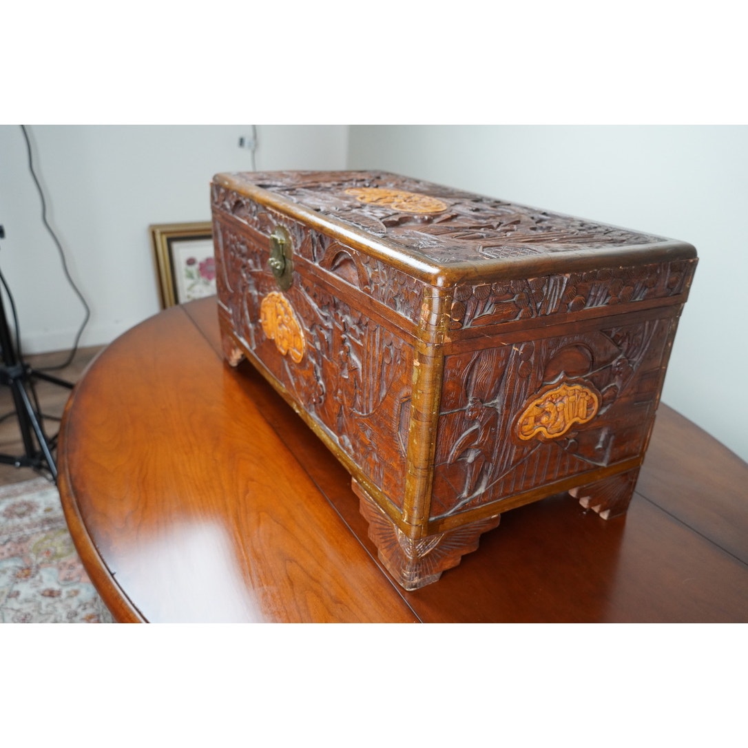 Antique Asian Carved Camphor Wood Storage Box