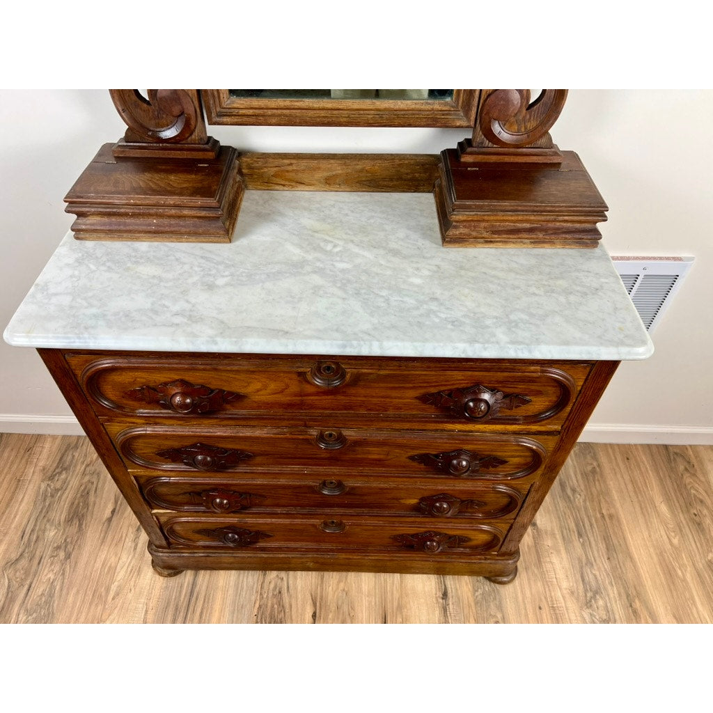 Antique Victorian Chestnut Four Drawer Marble Top Dresser c. 1900