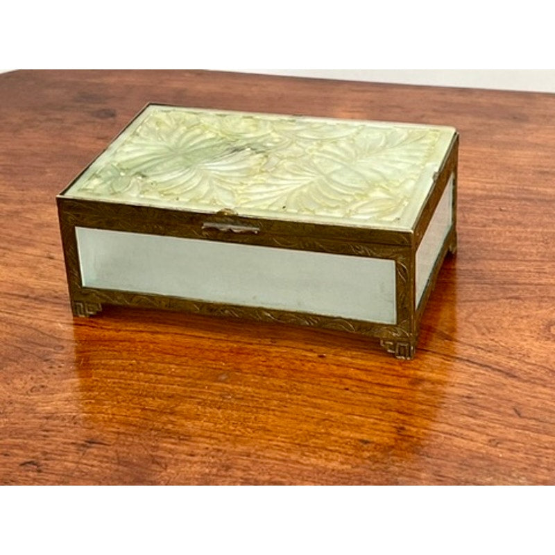 Antique Chinese Brass Bound Jade and Frosted Glass Dresser Box