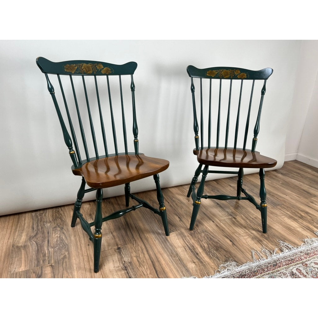 Pair of Hitchcock Windsor chairs with stenciled floral crest rail