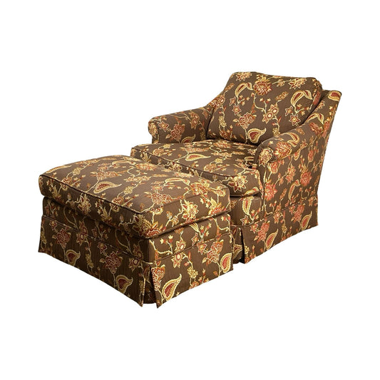 Vintage upholstered club chair with ottoman in floral paisley fabric