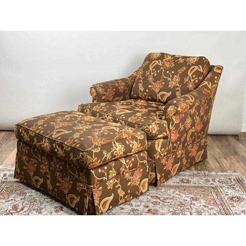 Vintage upholstered club chair with ottoman in floral paisley fabric