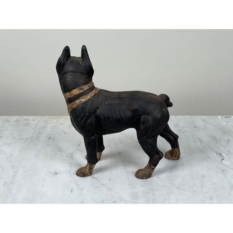 An Antique Cast Iron Boston Terrier Doorstop, probably by Hubley, is shown with its back and short tail visible. The black and tan doorstop stands on a white marble surface, facing away from the camera.
