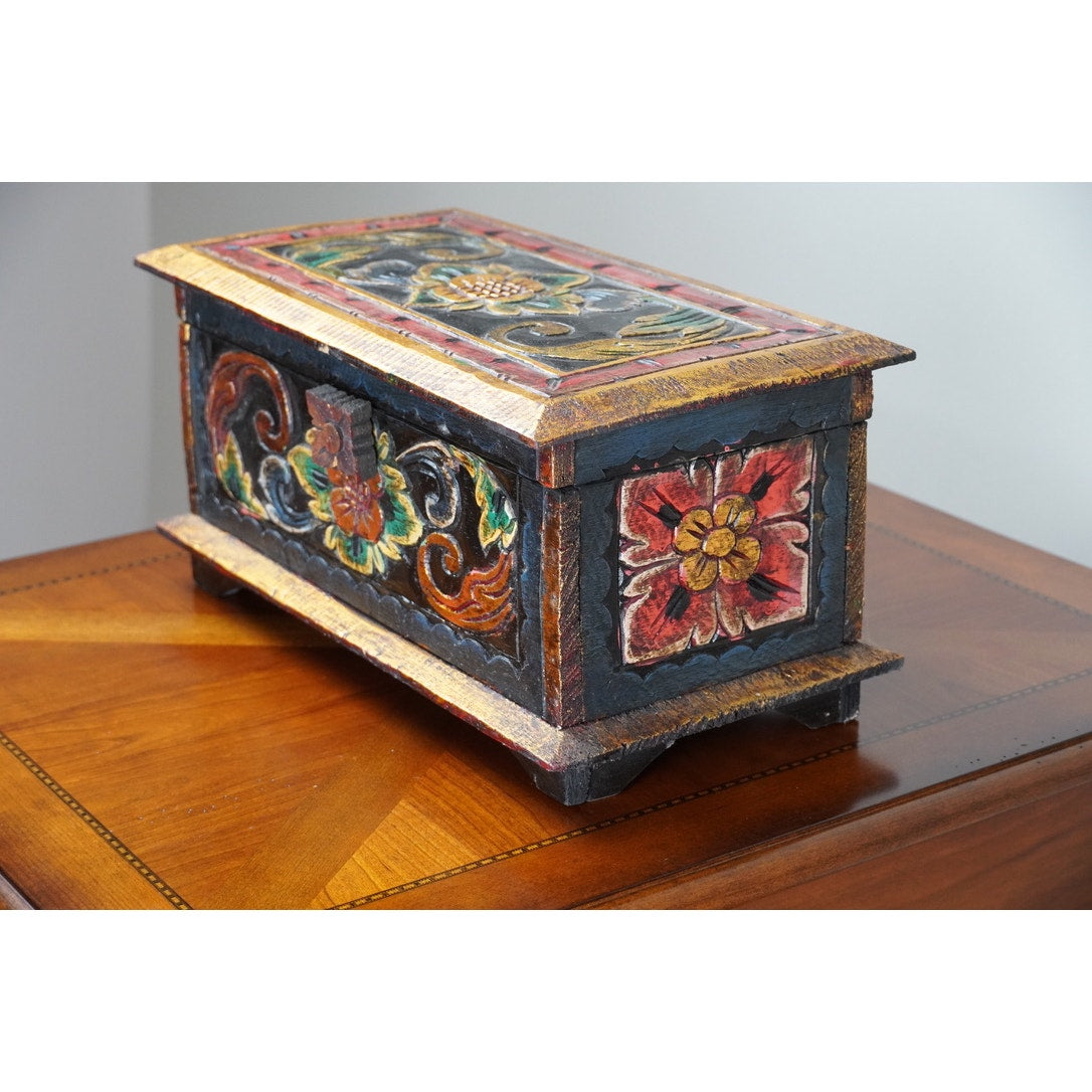 Vintage Indonesian Albacia Wood Carved Painted Box Made in Bali
