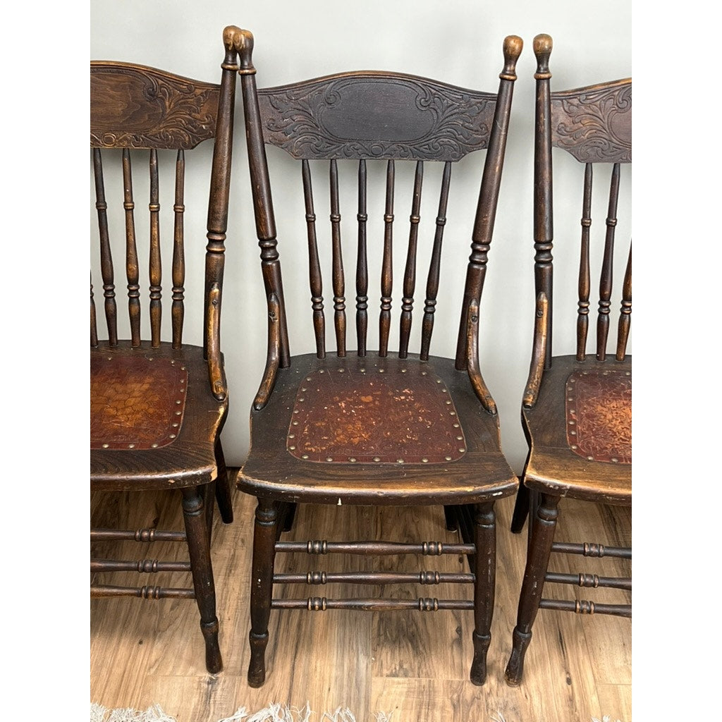 Antique Set of Four Press Back Chestnut Dining Chairs c. 1900