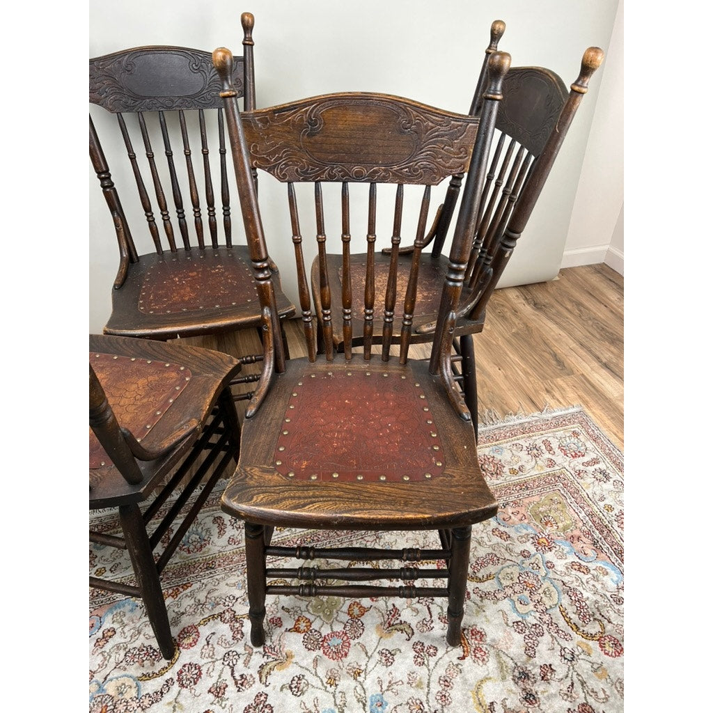 Antique Set of Four Press Back Chestnut Dining Chairs c. 1900