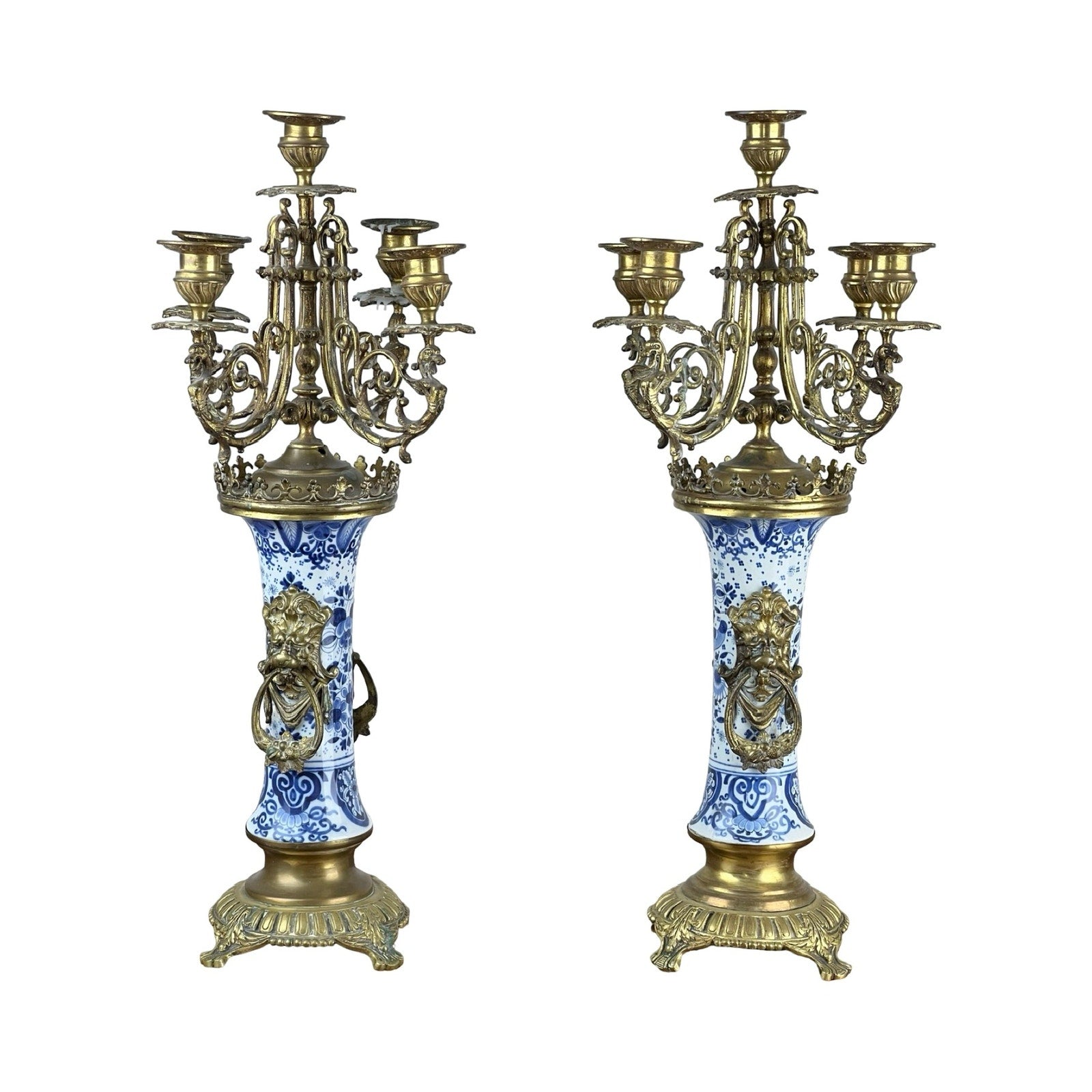 Pair of antique 19th century Delft blue and white five-light candelabra