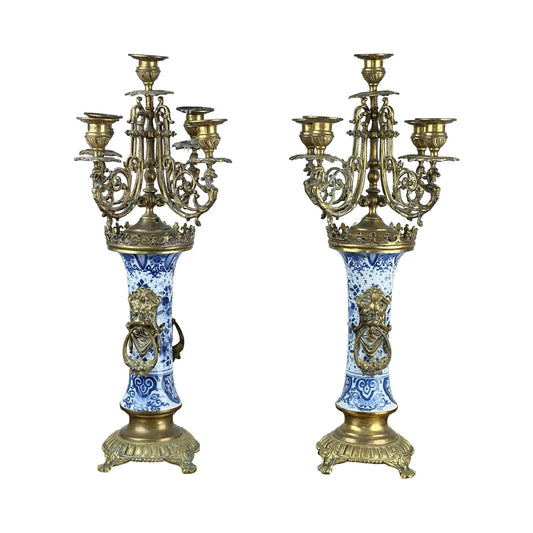 Pair of antique 19th century Delft blue and white five-light candelabra