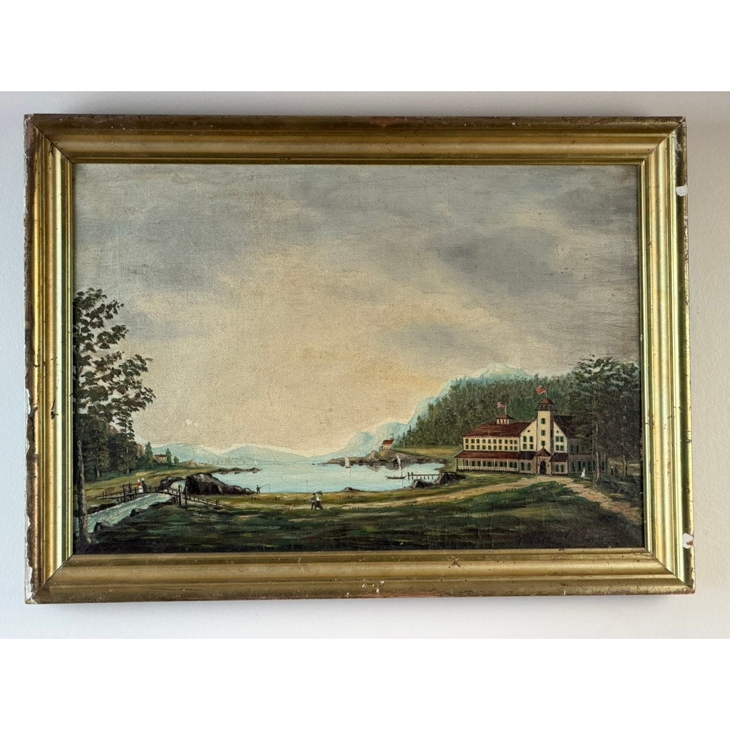 19th Century American Folk Art oil painting from Pearl City Antiques, depicting an Adirondack or New England resort hotel by a lakeside—with trees, small boats on the water, distant hills, and a cloudy sky—framed and evocative of classic resort scenes.