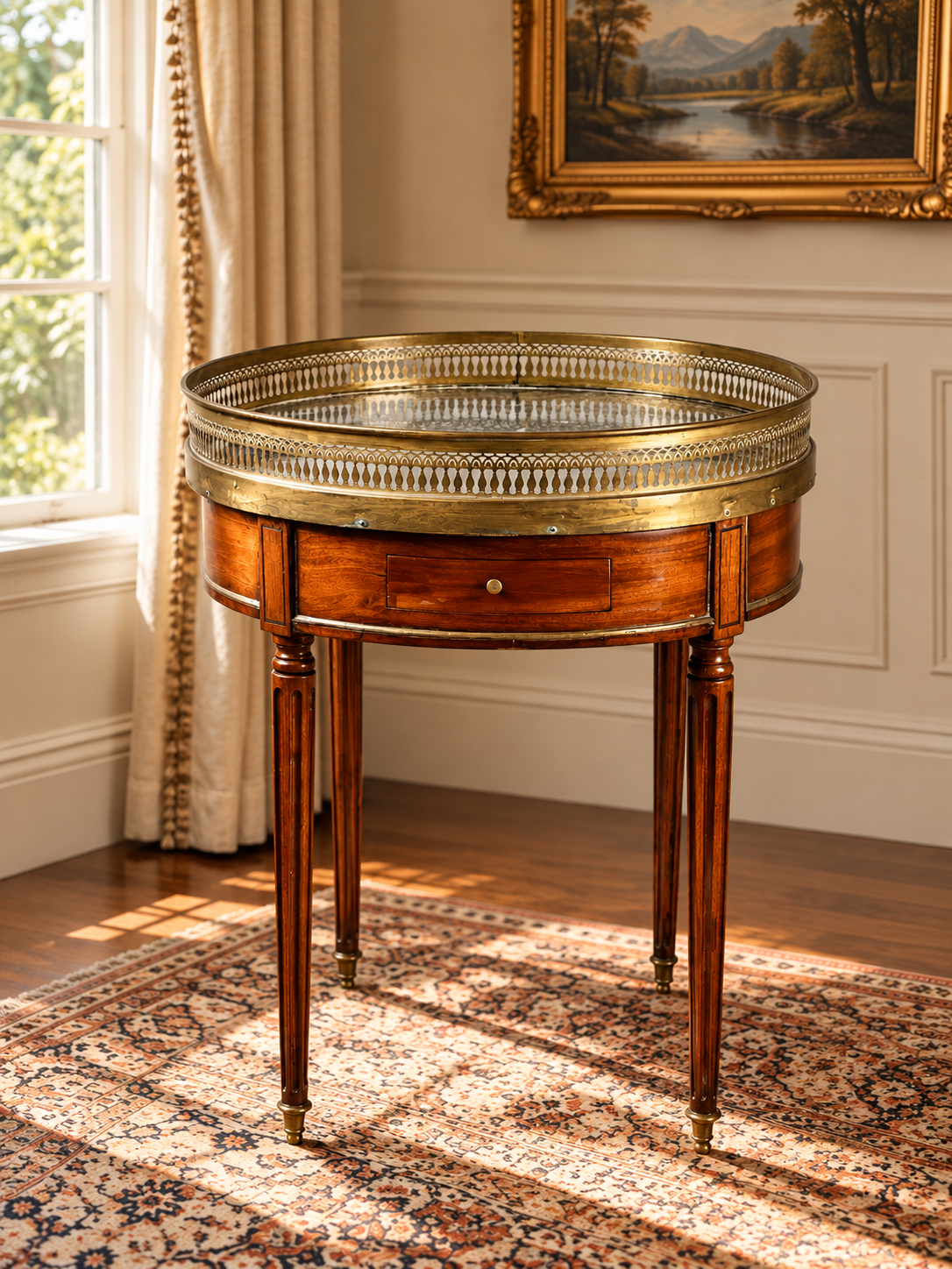 Antique 19th Century French Louis XVI-Style Mahogany Bouillotte Table with a marble top and a pierced brass gallery.