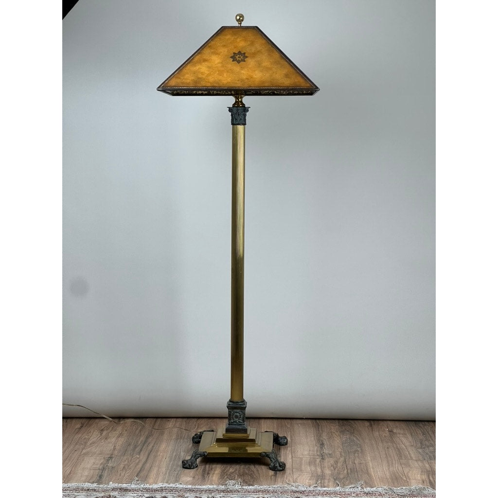 Vintage Maitland Smith brass and bronze floor lamp with leather shade